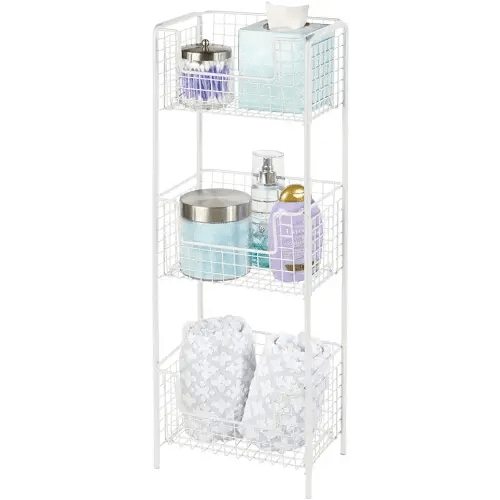 mDesign Steel Freestanding Storage Organizer Tower Rack Basket Shelf, Metal 3-Tier Furniture Unit for Master/Guest Bathroom, Powder Room - Holds Bath Towels, Soap - Concerto Collection - White