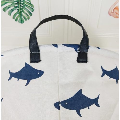 Round Laundry Basket Waterproof Round Cotton Linen Collapsible Storage bin with Handles for Hamper Kids Room,Toy Storage(navy shark)