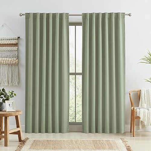 KEQIAOSUOCAI Sage Green Blackout Linen Curtains 84 Inch Length 2 Panels Set, Back Tab Rod Pocket Hooks Window Treatment Boho Cotton Textured Long Drapes for Bedroom Living Room 50x84