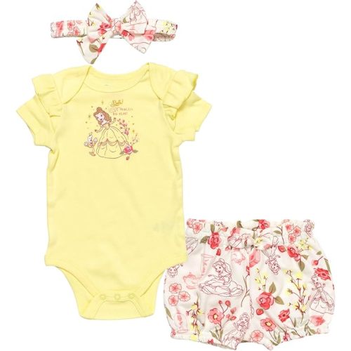 Disney Princess Belle Girls Bodysuit Bubble Shorts and Headband 3 Piece Outfit Set Newborn to Infant
