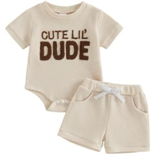 Adobabirl Newborn Baby Boy Summer Clothes Cute Lil' Dude Embroidery Short Sleeve Romper Shorts Set Infant Waffle Outfits
