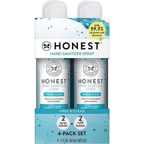 The Honest Company Plant-Based Hand Sanitizer Spray | Kills 99.9% of Germs | Hypoallergenic, Quick-drying + Moisturizing | Fragrance Free, 2 fl oz (pack of 4)