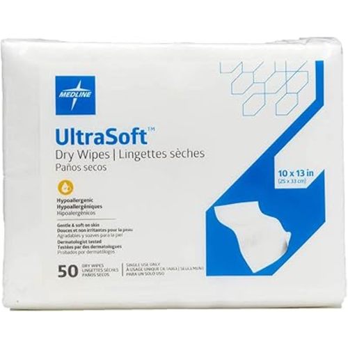Medline Ultrasoft Absorbent Dry Cleansing Wipes, Hypoallergenic and Fragrance-Free, 10" x 13", 50 Count