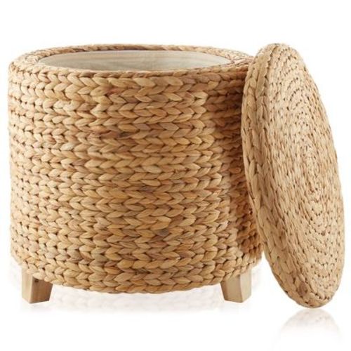 Casafield 17" Round Storage Ottoman With Lid - Espresso, Handwoven Footrest For Living Room, Bedroom, Bathroom, Home Office