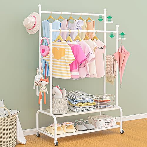 Double Rods Kids Clothing Rack with Wheels, Adjustable Dress Up Holder with 2 Bottom Storage Shelves, Solid Metal Small Closet for Hanging Clothes, Rolling Wardrobe Closet, Toddler Garment Rack