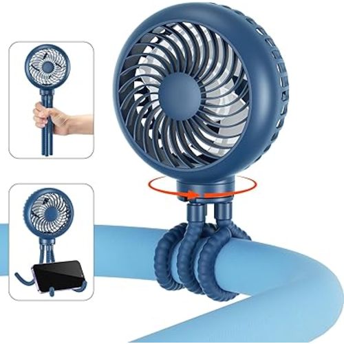 HandFan 4000mAh Battery Operated Stroller Fan Flexible Tripod Clip on Fan with 4 Speeds and Rotatable Max 31Hrs Handheld Personal Fans for Crib Car Seat Bike Treadmill (Blue)