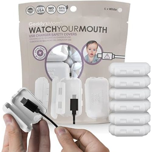 Geddy´s Mom Watch Your Mouth USB Charger Protector Award-Winning Baby Proof Cord Protector| BPA & Phthalate-Free Charger Protector | Electrical Safety Baby Products - 6 Pack (White)