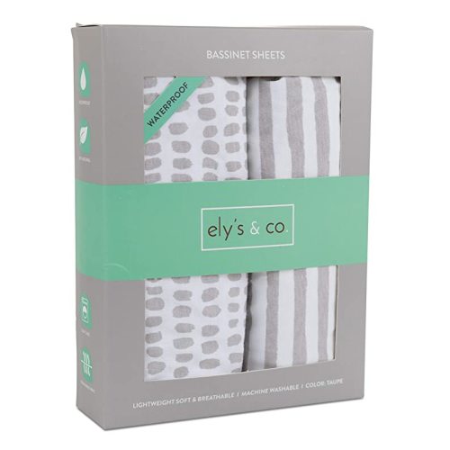 Ely's & Co. Patent Pending Waterproof Bassinet Sheet, No Need for Bassinet Mattress Pad Cover, 2 Pack Neutral Taupe Grey Splash & Stripes,for Baby Girl and Boy