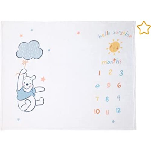 Disney Winnie The Pooh White, Yellow, and Aqua Super Soft Milestone Baby Blanket