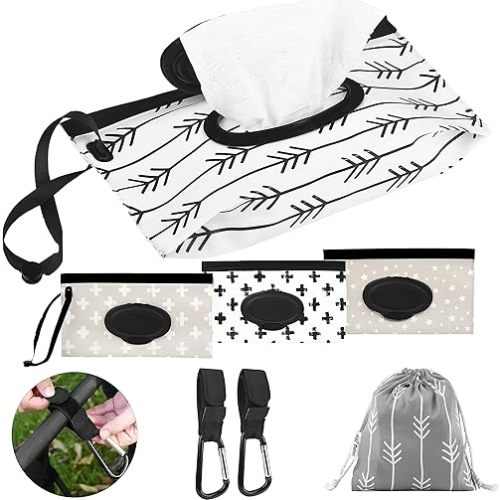 Portable Wipes container & baby wipes holder 4 -Pc set: Convenient Reusable Wipes Pouch & Travel Wipes Case for On-the-Go Care Refillable Dispenser Includes 2 Stroller Hooks & Bag Gift set