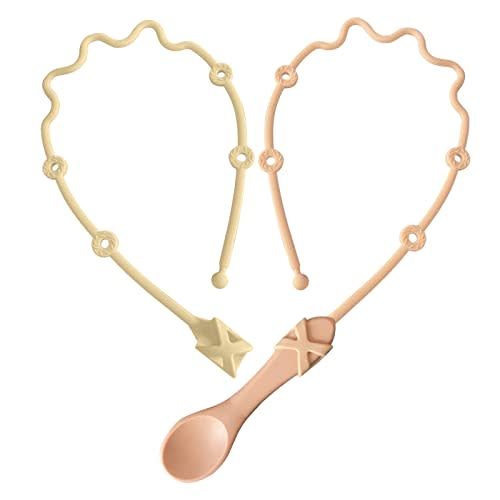 Pacifier Clip Toddler Utensils Holder Straps 2PK Self Feeding Baby Utensils Highchair Accessories-Gelinor Feeding Aid for Keep Spoon Close at Hand and Off The Ground(Pink and Beige)-No Spoon