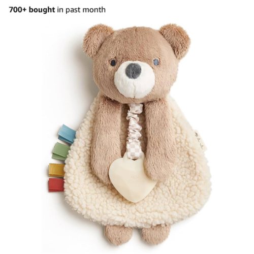 Itzy Ritzy - Itzy Lovey Including Teether - Baby Lovey with Teether, Textured Ribbons & Dangle Arms - Features Crinkle Sound, Sherpa Fabric and Minky Plush (Bear)