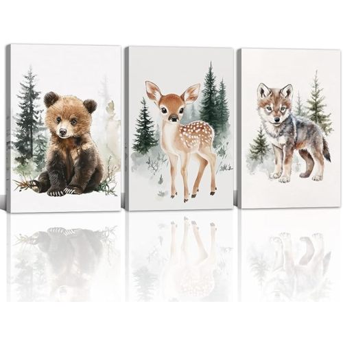 Woodland Nursery Wall Art Cute Bear Deer Wolf Pictures Wall Decor Forest Wild Animal Painting Prints Wildlife Canvas Poster for Bathroom Kids Room Decor Framed(Animal-4,11L x 14W x 3Pcs)
