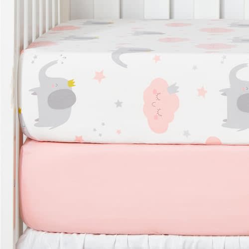 TILLYOU 2 Pack Fitted Crib Sheet Set - 100% Natural Cotton Toddler Bed Mattress Sheets,Standard 28”x 52”, Elephants Clouds&Pink