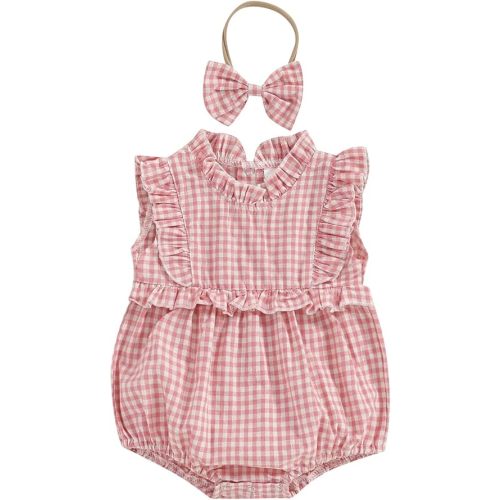 Newborn Baby Girl Clothes Ruffle Sleeve Solid Smocked Bubble Romper Jumpsuit Bow Headband Cute Summer Clothes