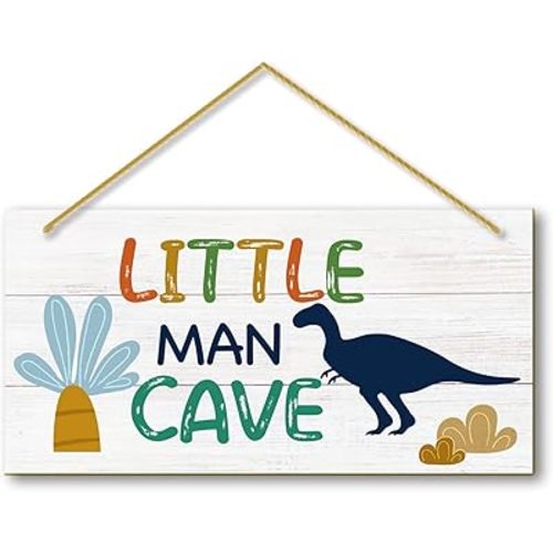 Little Man Cave, Boys Dinosaur Room Decor Wooden Door Sign for Dino Room, Baby Boys Bedroom Wall Decorations for Nursery Toddler Nursery Playroom Wall Art