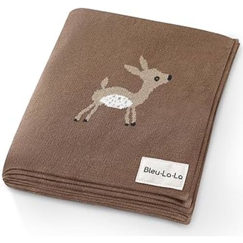 Knit Baby Swaddling Blanket - 100% Cotton Lightweight Soft Cozy Receiving Swaddle Crib Stroller Quilt Blanket for Shower Gift Registry for Newborns, Infants, Toddlers (Deer - Mocha)