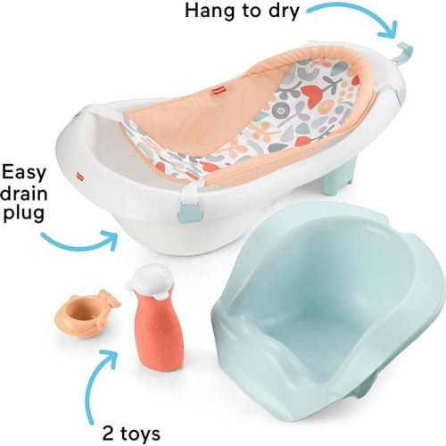 Fisher-Price Baby to Toddler Bath 4-in-1 Sling ‘n Seat Tub with Removable Infant Support and 2 Toys, Summer Blossoms