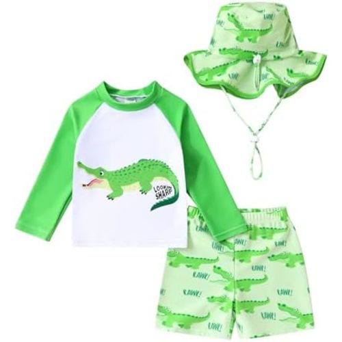 Toddler Baby Boy Swimwear Long Sleeve Rashguard Swimsuit with Sun Hat Cartoon Animal Bathing Suit