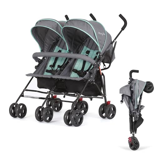 Dream On Me Volgo Twin Baby Stroller, Lightweight Side-by-Side Double Umbrella Stroller with Adjustable Canopy, 5-Point Harness, Storage Basket & Travel-Friendly Fold – Mint
