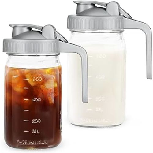 Creamer Pitcher Jar with Lid - 2Pack No Leak 32oz Airtight Mason Jar with Pour Spout Lid, Classic Wide Mouth Jar Easy to Clean, Ideal for Coffee, Breastmilk, Iced & Sun Tea, Juices
