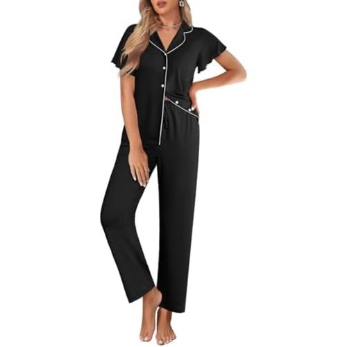 Ekouaer Pajamas for Women Set Button Up Sleepwear Cute Pjs Ruffle Sleeve Notch Collar Loungewear with Long Pants S-XXL