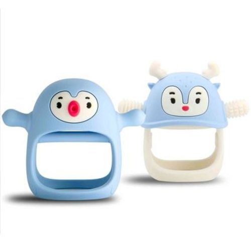 Smily Mia 2 in 1 Reindeer & Penguin Baby Teething Toy Set for Infants 3 Months Plus, Soothing Wearable Baby Chew Toy Sucking Needs - Light Blue