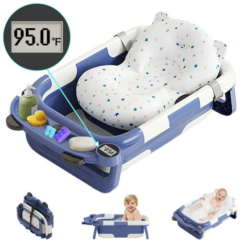 RICHYOUNG 27"Folding Baby Bathtub with Thermometer & Storage Space,Infant Tub for Toddler(Blue,Pad)