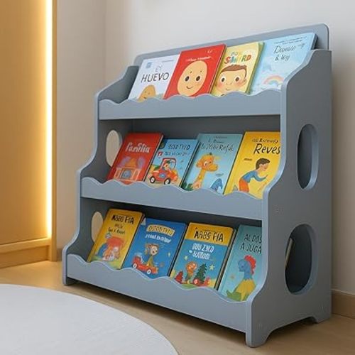 Kids Book Shelf Wooden Montessori Bookshelf Dutch Design 3Tier Scalloped,TranquilGrey