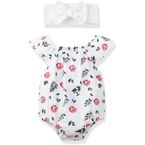 Renotemy Preemie Newborn Baby Girl Clothes Infant Cotton Linen Romper Summer Outfit for Girls Ruffle Sleeve Bodysuit Jumpsuit