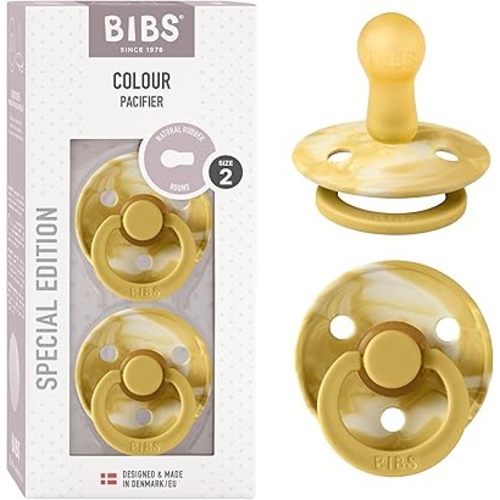 BIBS Pacifiers Colour Collection | Natural Rubber Baby Pacifier | Set of 2 BPA-Free Soothers | Made in Denmark | 6+ Months (Pack of 2) | Mustard/Ivory Tie Dye