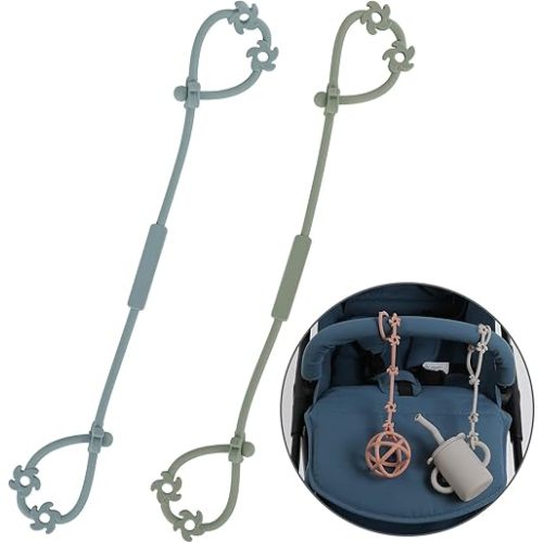 Toy Safety Straps, Silicone Pacifier Clips Sippy Cup Strap Stretchable Adjustable for Strollers, High Chair, Cribs, Hanging Baskets, BPA Free, 2 Pack (Sage+Ether)