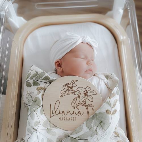 Lily Wooden Baby Name Sign | Flower Engraved Baby Name Reveal Plaque | Modern Birth Announcement Sign | Floral Newborn Photo Prop wood