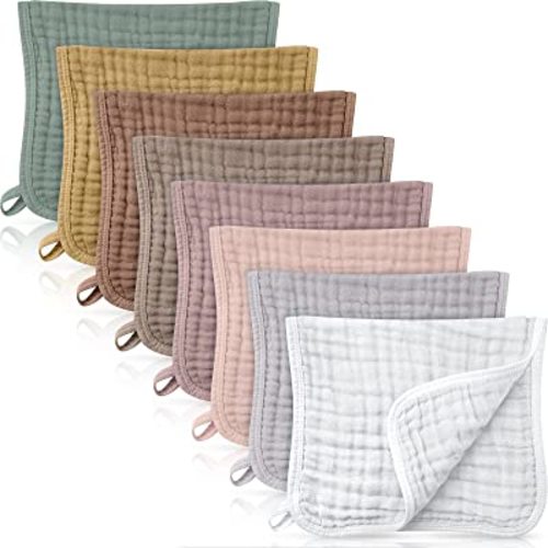 8 Packs Muslin Burp Cloths 6 Layers Unisex Baby Items Absorbent Burp Rags Colorful Muslin Washcloths for Baby Plain Soft Cotton Cloth for Babies Girls Boys, 10 x 20 Inch