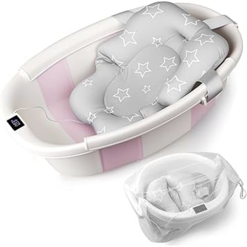 Baby Bathtub, Baby Bath Tub with Thermometer & Soft Cushion, Collapsible Infant Bathtub for Newborn to Toddler 0-36 Months, Quick Use & Portable for Travel(Pink)