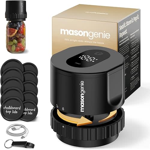 Mason Jar Vacuum Sealer Kit, Electric Vacuum Sealer for Regular Mouth and Wide Mouth Canning Jars, Fully Automated and Portable, includes 10 Chalkboard Top Lids