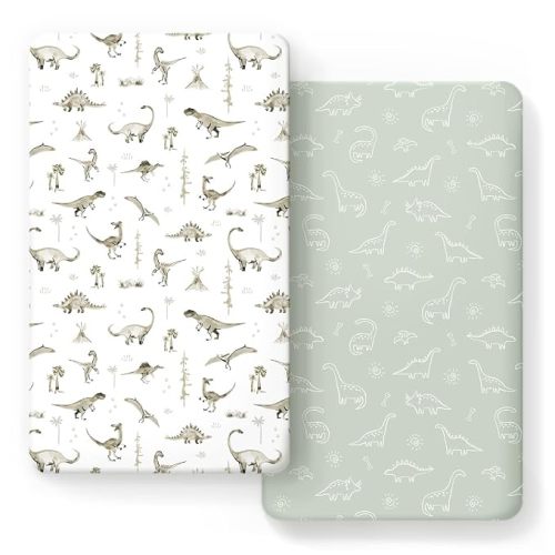 Stretch Ultra Soft Jersey Knit Fitted Crib Sheets Set 2 Pack,Fit All Standard Crib Mattress Pads Safe and Snug, Crib Fitted Sheet for Baby, Dinosaur