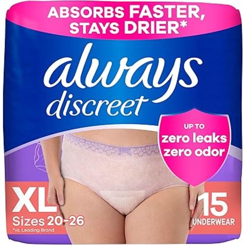 Always Discreet Adult Incontinence & Postpartum Underwear for Women, Classic Cut, Size X-Large, Maximum Absorbency, Disposable, 15 Count (Pack of 1) (Packaging May Vary)