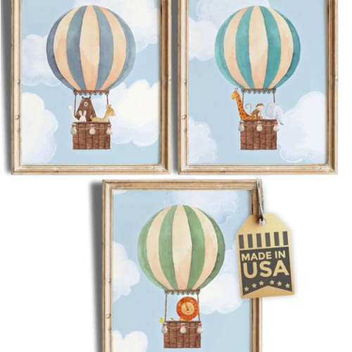Hot Air Balloon Art Prints (Set of 3) - Unframed - 8x10s | Nursery Wall Decor | Elevate Your Nursery Decor with this Charming Wall Decor | Modern Wall Decor for Your Little One's Room