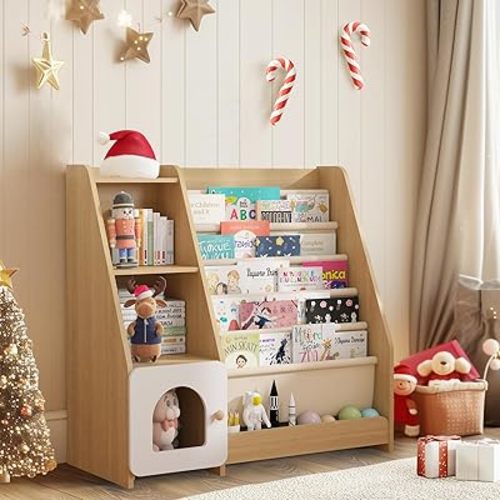 Montessori Kids Bookshelf, 5 Sling Toddler Bookcase, 4 Tier Display Shelves, Baby Book Rack and Toy Storage Organizer Cabinet, Wooden Floor Children Bookshelf Nursery Bedroom Playroom, Natural