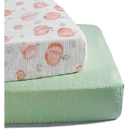 TILLYOU Muslin Crib Sheets for Boys and Girls 2 Pack, Neutral Soft Cotton Baby Crib Mattress Protector, for 52"x 28" Toddler Bed, Peach dot & Light Green
