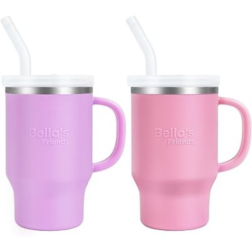 Bella's Friends Handy Mini Tumbler – Adorable 9 oz Toddler Sippy Cup, Stainless Interior & Silicone Body, Leak‑Proof, Dishwasher Safe, Gift for 1-3 Years Old Girls & Boys, 2 Pack, Lilac & Peony