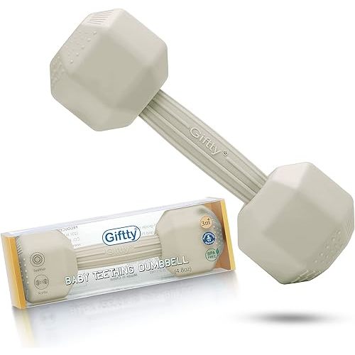 Giftty Baby Dumbbell Toy - Silicone Infant Rattle Teething Toy Teether Toddler Sensory Toy Durable Safe Exercises Workout Weight - Great Gift for Girls and Boys (1pcs 4.8oz - Cream)