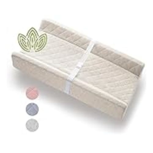 Organic Cotton Contoured Baby Changing Pad w/Waterproof Foam Mattress, Includes Soft, Removable & Washable Cover, Safety Strap, Non-Slip Bottom, Topper for Standard Size Infant Diaper Table & Dresser - NATURAL
