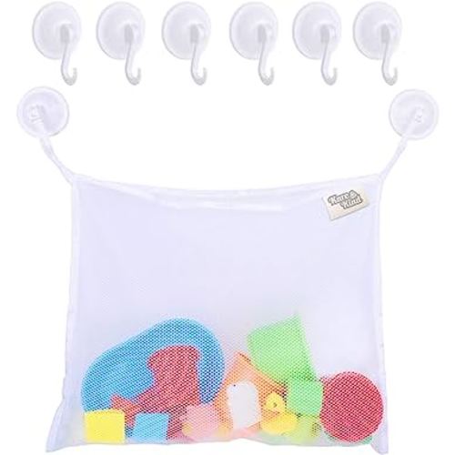 Bath Toy Organizer Set - 2 Extra Large Mesh Bags - 6 Extra Strong Grip Lock Suction Cup Hooks (White) - Easy Storage of Bath Toys and Other Bathroom Items - Mesh Bags Allow Content to Dry