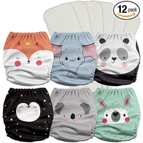 Mama Koala 3.0 Pocket Cloth Diapers for Babies with AWJ Lining, 6 Pack with 6 5-Layer Natural Cloth Diaper Inserts - Reusable and Washable Pocket Diapers(A-Love Animals)