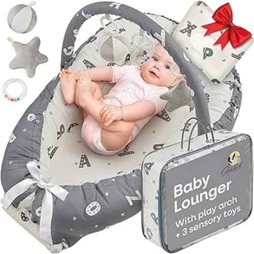 Portable Baby Lounger for Newborn w/Removable Arch & 3 Toys - Infant Lounger w/ 38% More Protection - Comfort, Breathable and Soft Floor Dock a Tot for Home and Travel | 0-24 (Grey ABC)
