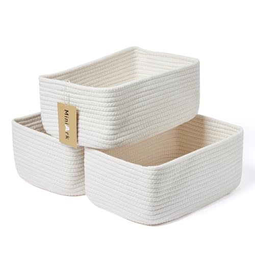 MiniArk Small Storage Baskets for Organizing | Closet Organizer Bins | Shelf Toy Basket | Woven Rope Baskets | Cube Decorative Box | Shallow Basket | 11.5x7.5x4.7” | 3 Packs Off White