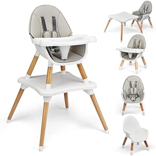 Honey Joy Baby High Chair, 5-in-1 Convertible Wooden Highchair for Babies & Toddlers/Table & Chair Set with Safety Harness, 4-Position Removable Feeding Tray (Gray)