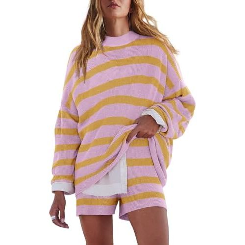 LAMISSCHE Womens Oversized Lounge Sets 2 Piece Outfits Striped Matching Pajama Set Long Sleeve Sweater Set